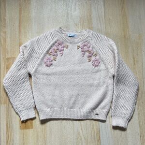 Girls Cream Sweater with Pink Floral Embroidery